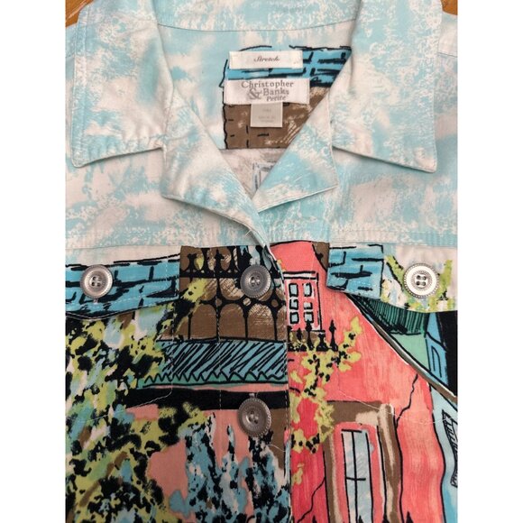 Christopher & Banks PM Stretch Jacket Colorful Town Print Button Up Front - Picture 11 of 11